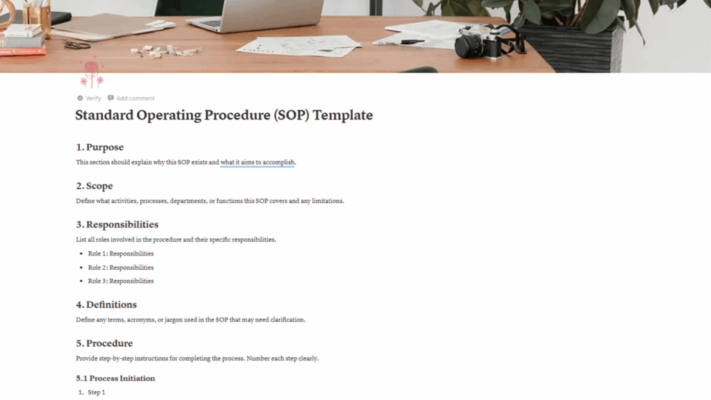 Screenshot of SOP template showing purpose, scope, and responsibilities