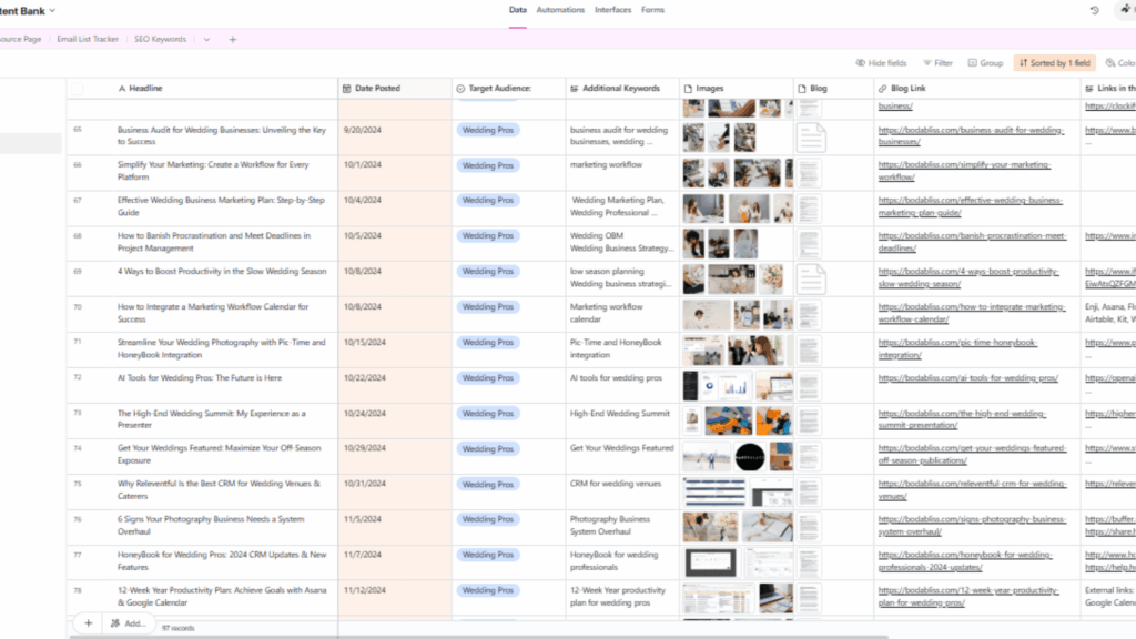 Airtable database showing wedding blog content organization with dates, keywords, and images for project management