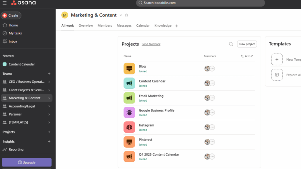 Asana workspace showing marketing and content projects including blog, social media, and content calendar for wedding professionals