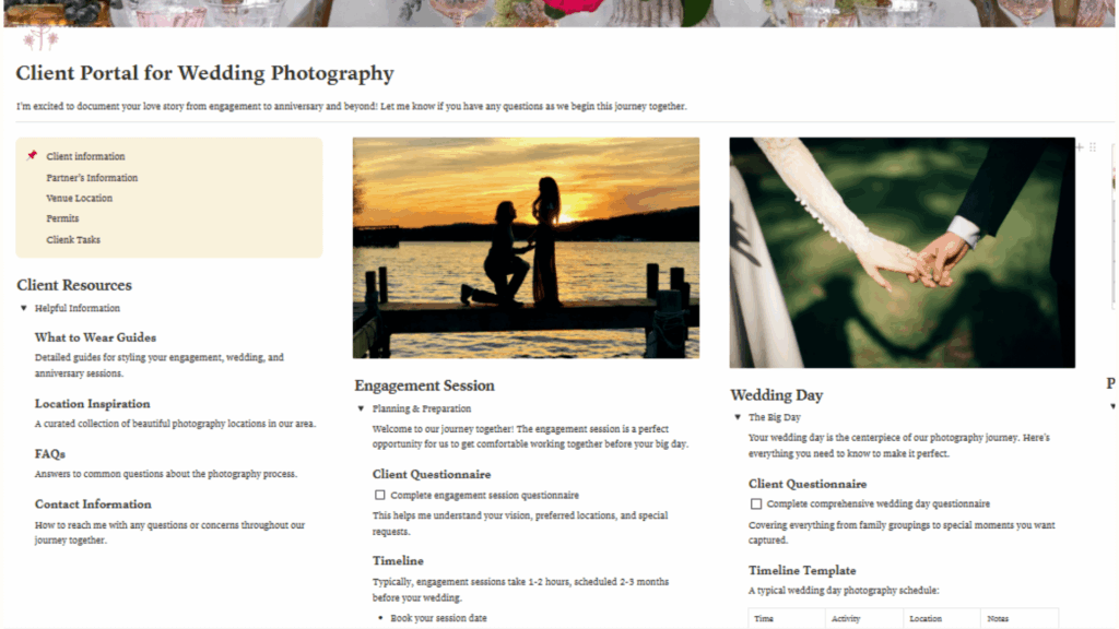Notion client portal for wedding photography showing engagement session and wedding day planning sections with timelines and questionnaires