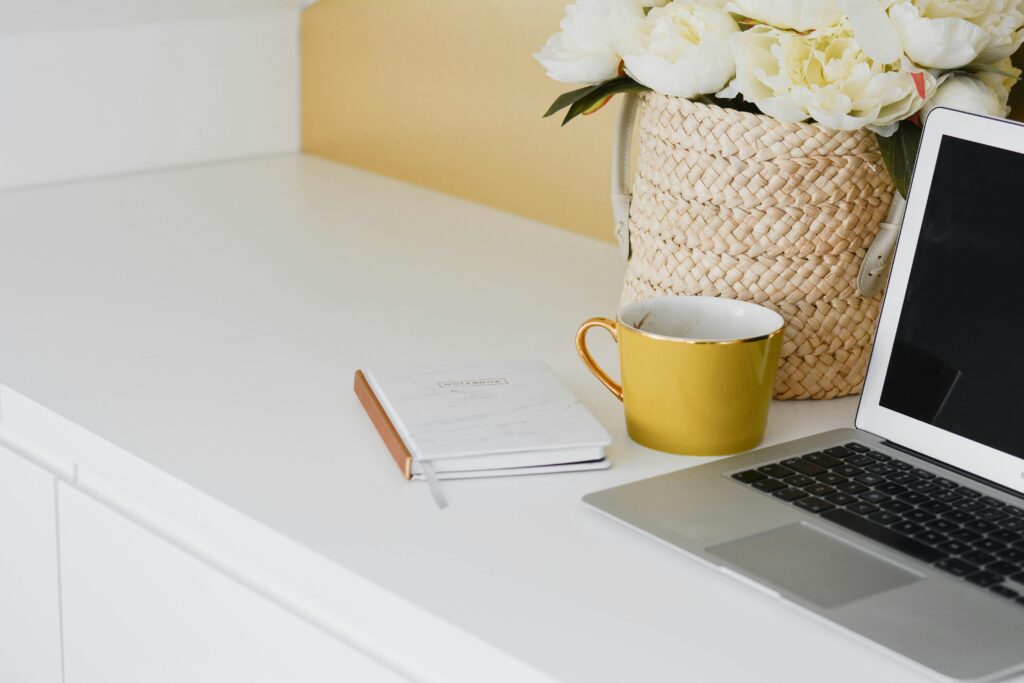 white desk set up