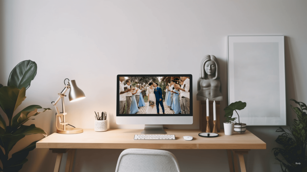 A clean and organized desk setup with a computer displaying a wedding couple photo, symbolizing efficient workflow and organization in a wedding business.