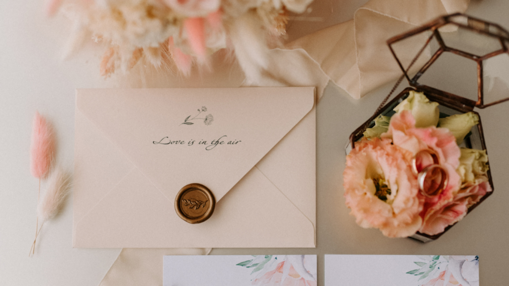 wedding stationery with florals and wax seal flatlay