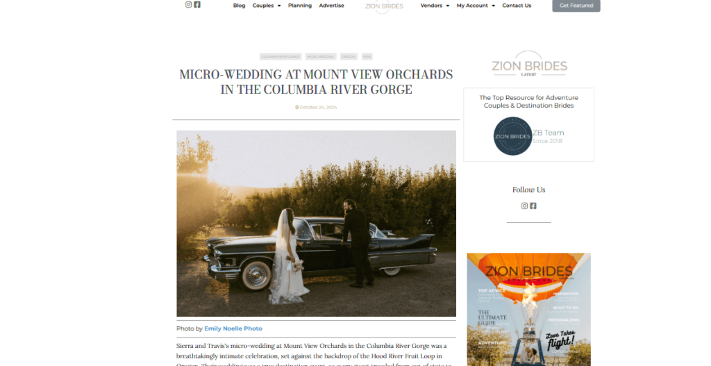 Micro-wedding feature by Emily Noelle Photo in Zion Brides magazine.