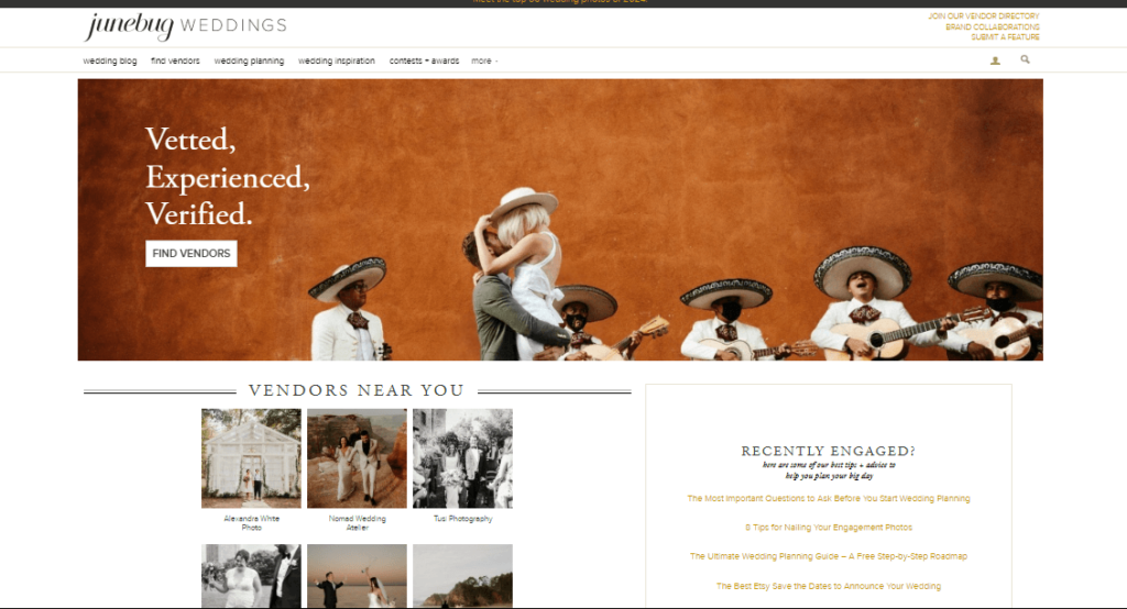  Junebug Weddings website featuring vendor listings and wedding resources.