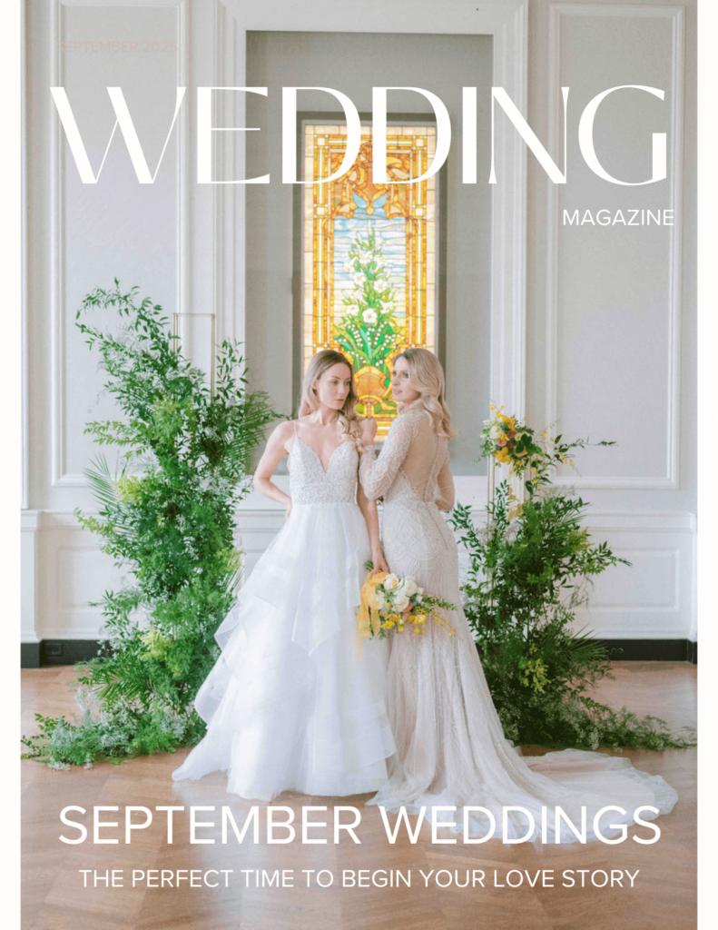 Elegant wedding magazine cover showcasing a stunning bridal photoshoot. Designed by RUSTIQUE SWAN. 