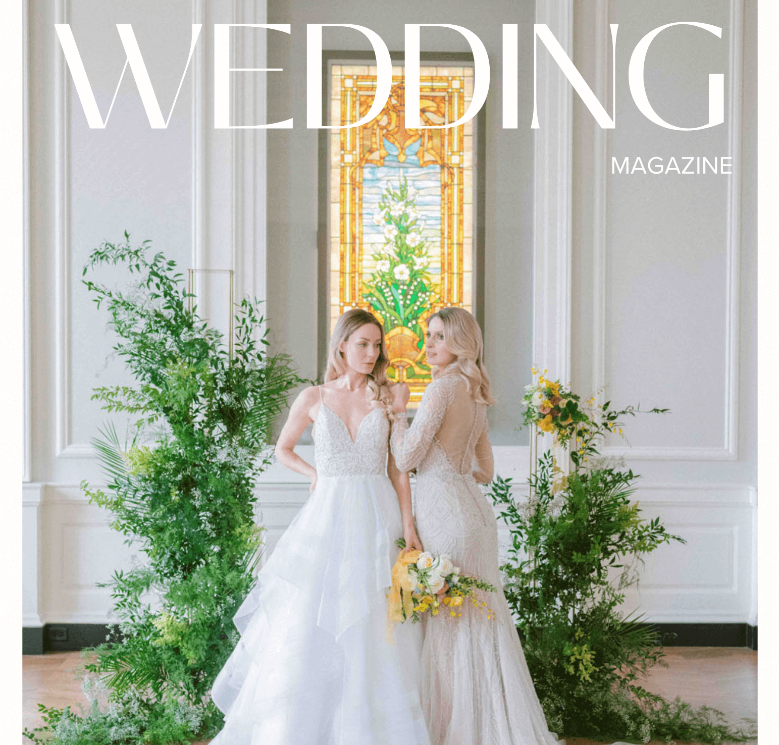 Elegant wedding magazine cover showcasing a stunning bridal photoshoot.