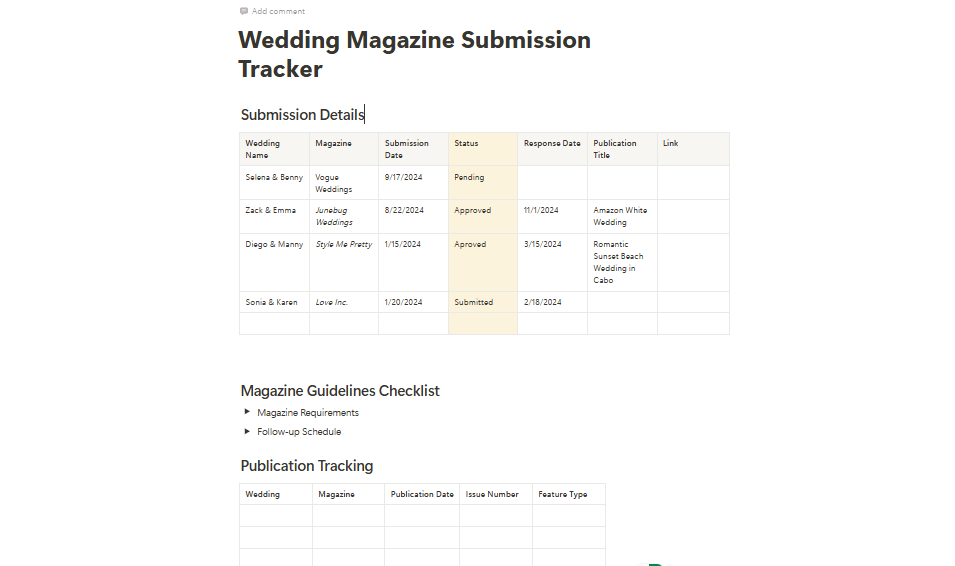 Bridal magazine submissions tracker with detailed submission status for various weddings.