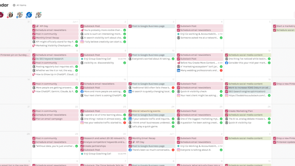Enji content calendar used to organize marketing campaigns, blog posts, newsletters, Pinterest, and social media.