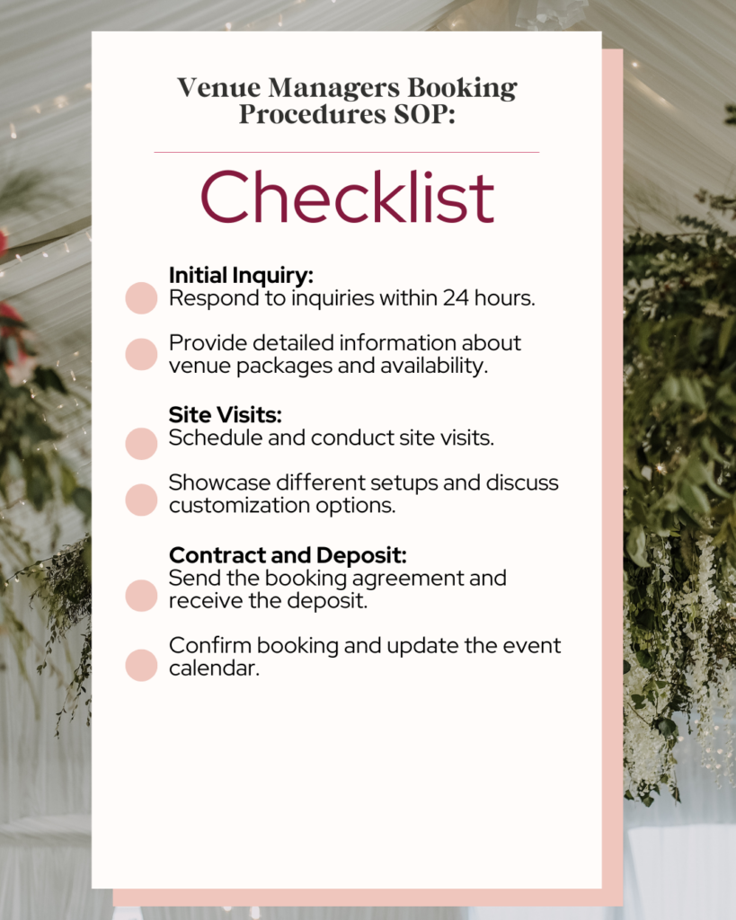 venue managers booking procedures SOP checklist