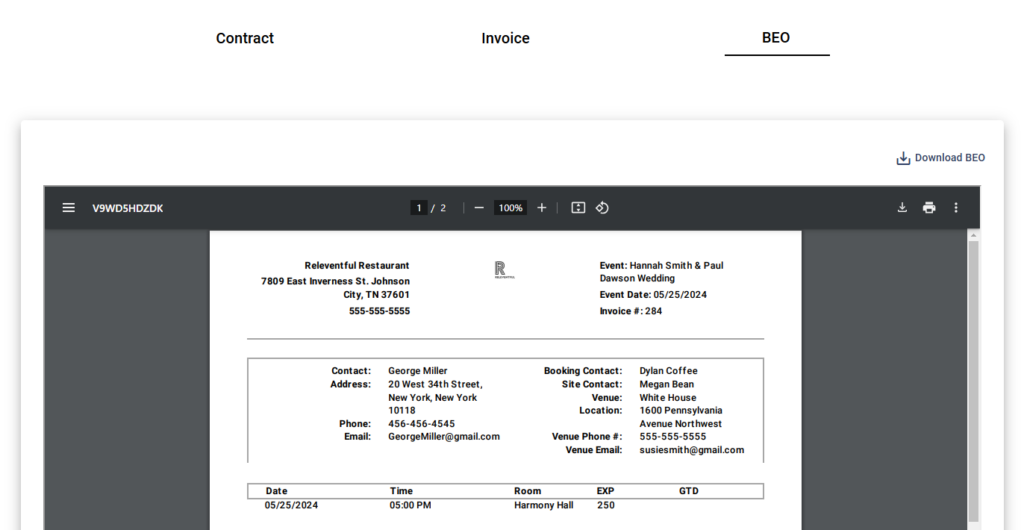  Releventful's Banquet Event Order (BEO) document interface, displaying a detailed event summary for a wedding, including client contact information, booking contact, venue details, event date, and time. Includes a download option for the BEO document