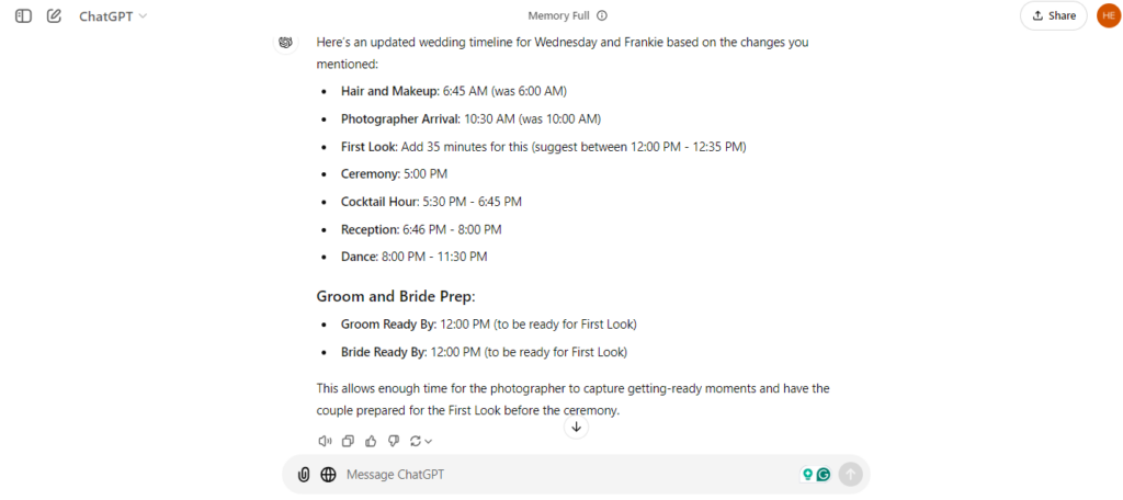  text-based wedding timeline featuring events like hair and makeup, photographer arrival, first look, ceremony, and cocktail hour. It also includes preparation times for the bride and groom.