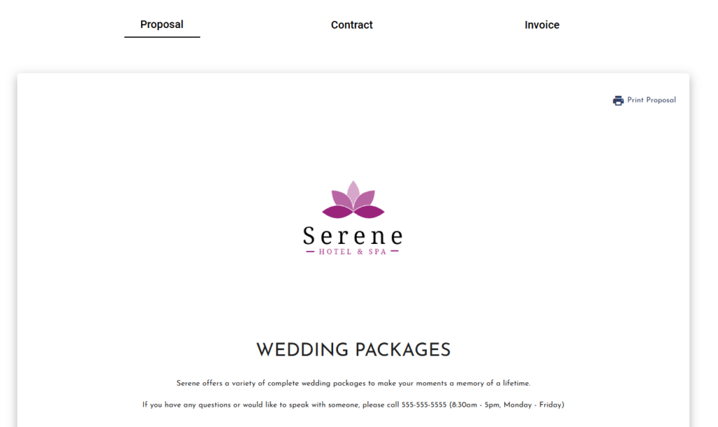 The interface shows navigation between Proposal, Contract, and Invoice steps, with an option to print the proposal, providing clients a streamlined experience