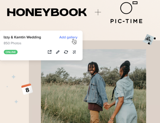 Integration of HoneyBook and Pic-Time showing a wedding gallery for 'Izzy & Kamtin Wedding' with 850 photos, featuring a couple walking hand-in-hand outdoors.