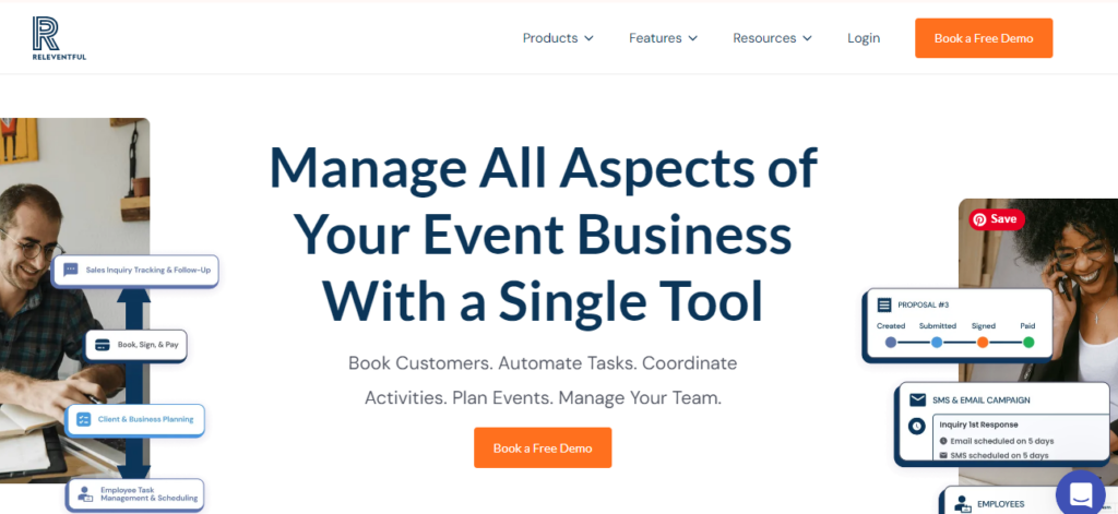 Releventful CRM for wedding venues homepage, displaying a headline 'Manage All Aspects of Your Event Business With a Single Tool,' emphasizing CRM functions like booking customers, automating tasks, coordinating activities, and managing teams. Icons highlight specific features such as Sales Inquiry Tracking, Book Sign & Pay, and Employee Task Management. 