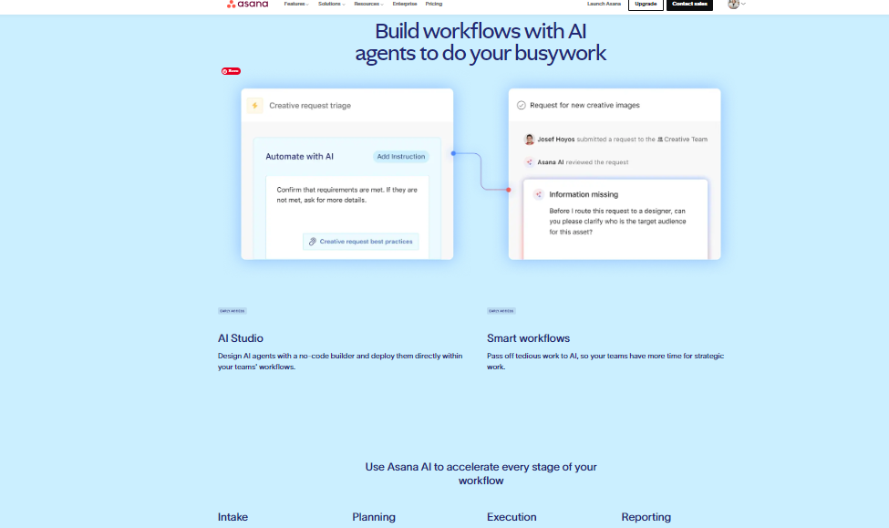 Asana AI Project Setup: Asana interface showcasing AI-powered project setup and automation. It highlights features like automated workflows, advanced dependencies, and app integration with platforms like Microsoft. The screenshot emphasizes the customization fields like task priority and status updates.