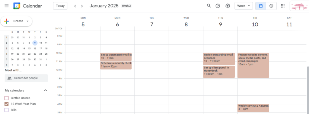 A Google Calendar view showcasing the 12-Week Year productivity plan for wedding professionals, with scheduled tasks and milestones for client communication and onboarding improvements.