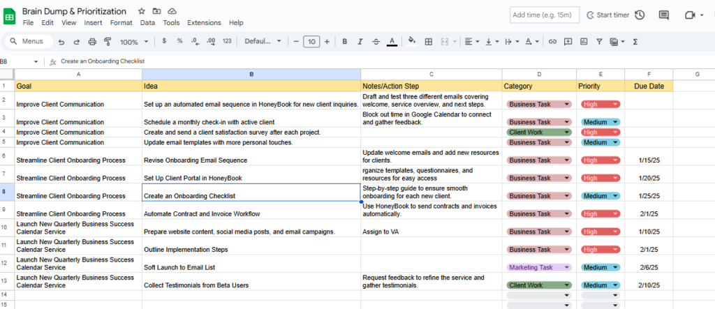 Brain dump and prioritization worksheet in Google Sheets for a 12-Week Year plan, listing goals, actions, categories, priorities, and due dates for tasks related to client communication and onboarding.