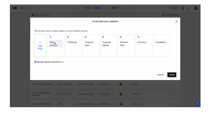 workflow pipeline CRM in Honeybook