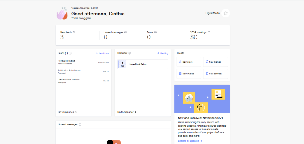 honeybook CRM home display showing leads, messages, payments, and meetings.