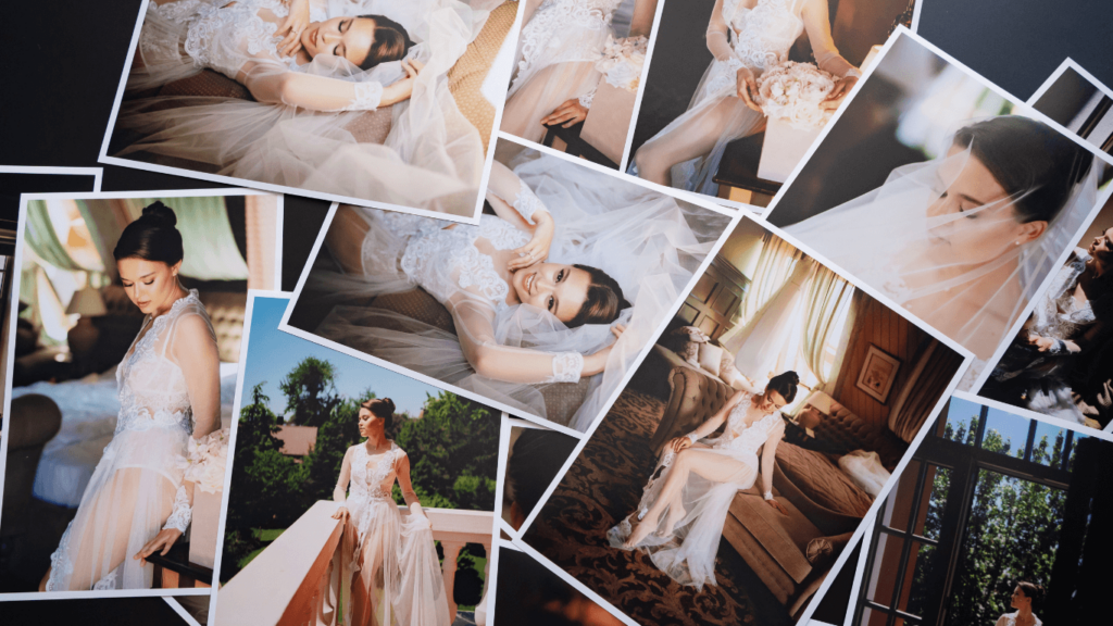 Printed wedding photographs of a bride in various poses, representing the final product delivered to clients by a wedding photographer.