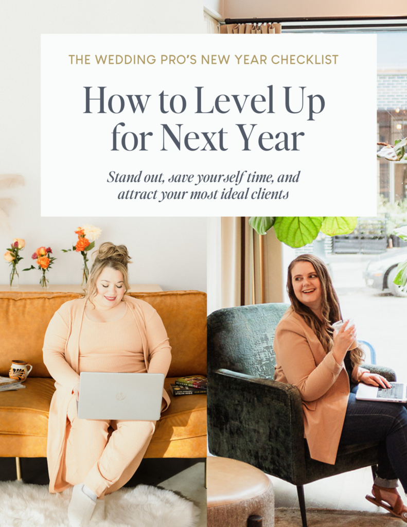 The Wedding Pro’s New Year’s Checklist cover featuring two women working on their laptops with the title 'How to Level Up for Next Year.