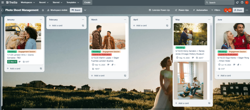 rello board used by a photographer to manage wedding couples and engagement sessions, a tool often optimized by an online business manager for wedding pros.