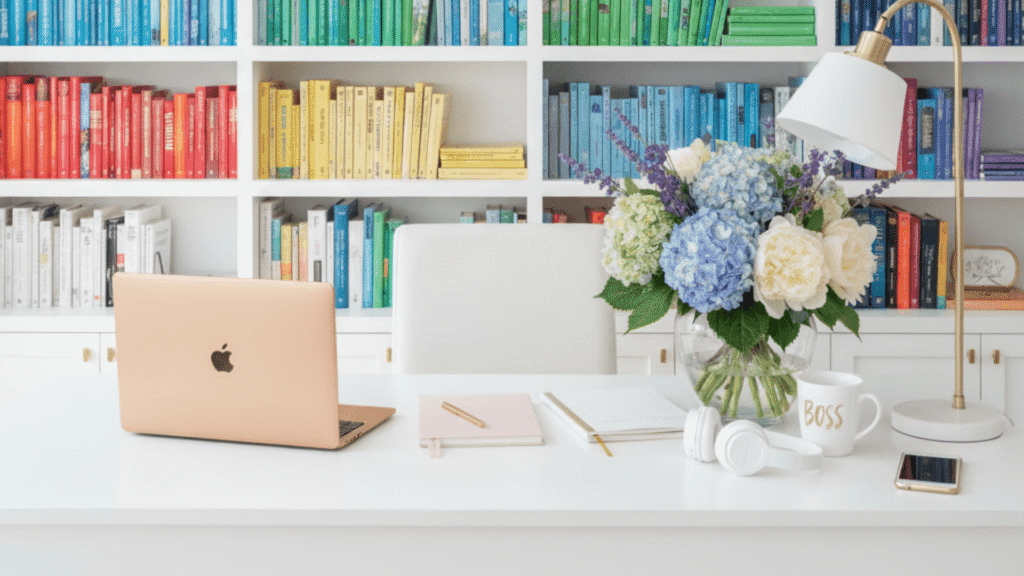 Organized creative workspace with laptop, planner, and books illustrating wedding business systems and