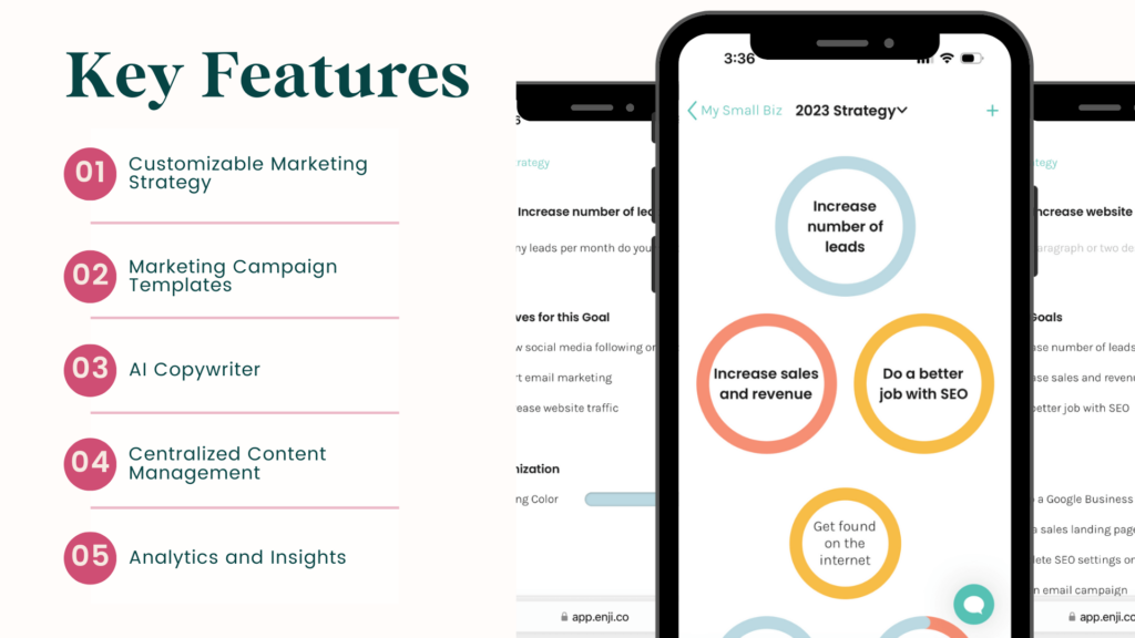 Top features of Enji, an all-in-one marketing tool, including AI copywriting, social media automation, and campaign templates.