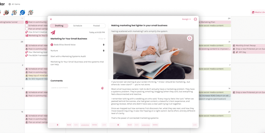 Marketing Systems Architect using Enji to plan content and organize a marketing calendar for a creative business.
