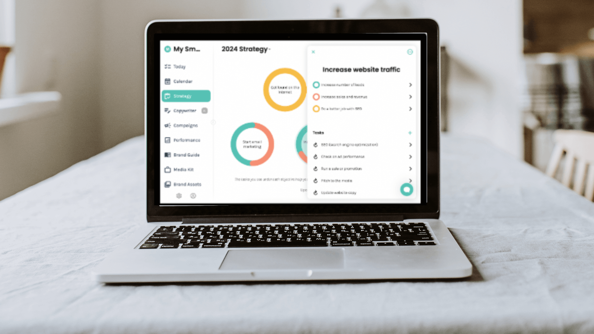 The Enji marketing tool dashboard, showcasing strategy planning, content scheduling, and KPI tracking for small businesses.