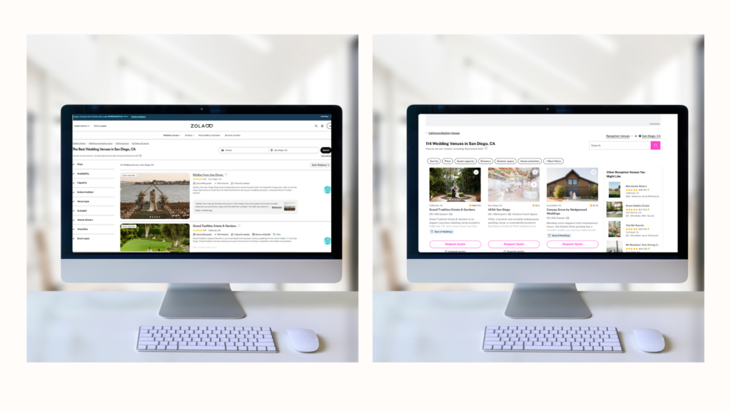 A side-by-side comparison of Zola and The Knot vendor listing platforms displayed on two computer screens, showing search results for wedding venues.