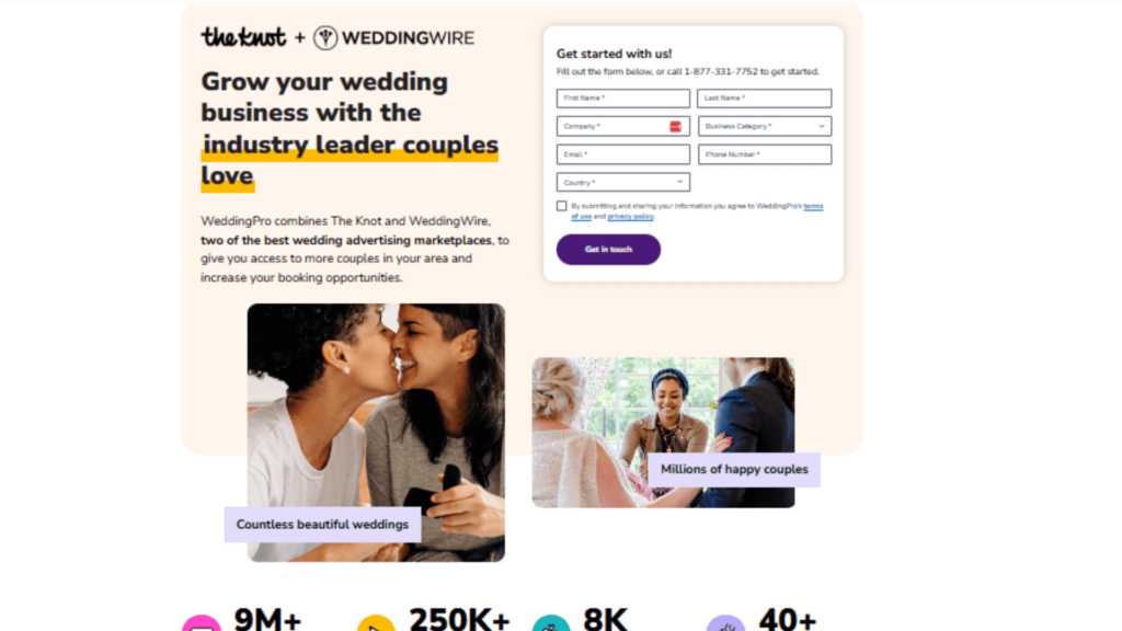 Screenshot of The Knot and WeddingWire vendor registration page, showing form fields and promotional messaging about reaching engaged couples.
