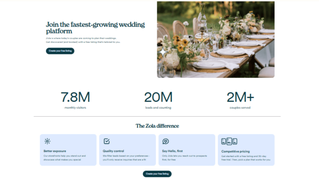 Zola vendor platform screenshot highlighting benefits such as better exposure, lead filtering, and competitive pricing for wedding professionals.