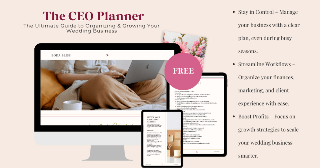 The CEO Planner freebie displayed on a computer, tablet, and phone, showing how wedding business owners can organize and grow their business.