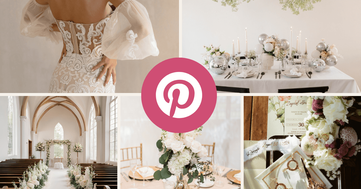 A Pinterest collage featuring wedding decor, bridal fashion, and invitations, demonstrating the power of Pinterest marketing for wedding businesses.