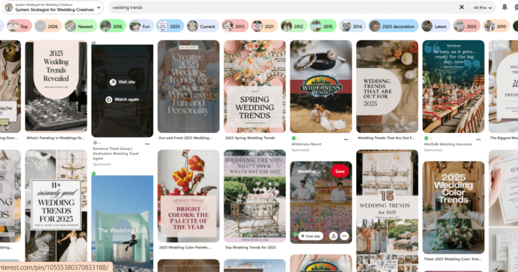 A Pinterest search result page showing 2025 wedding trends, highlighting how Pinterest marketing helps wedding professionals reach engaged couples.