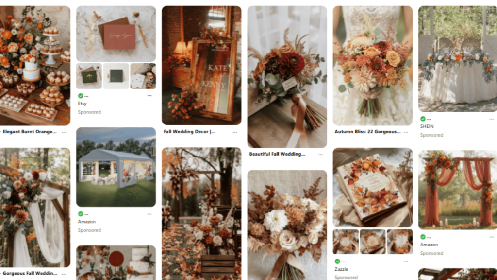 A collection of fall wedding inspiration pins including burnt orange florals, rustic decor, autumn bouquets, and cozy tablescapes, perfect for Pinterest strategy planning.
