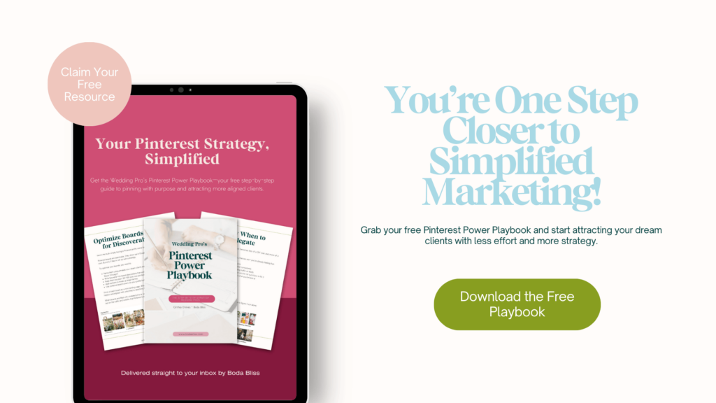 Free Pinterest marketing guide for wedding professionals from Boda Bliss, shown with a digital mockup of the Pinterest Power Playbook on a tablet and three featured pages inside.