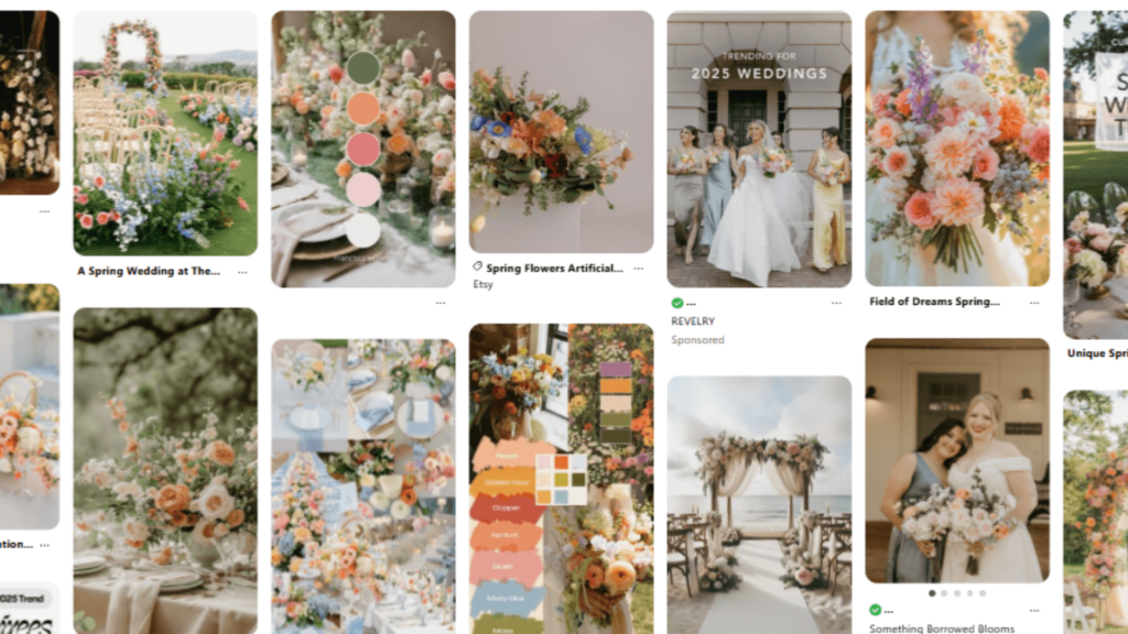 pring wedding Pinterest images featuring pastel floral arrangements, colorful bridesmaid dresses, outdoor ceremonies, and mood boards with trending color palettes for summer weddings.