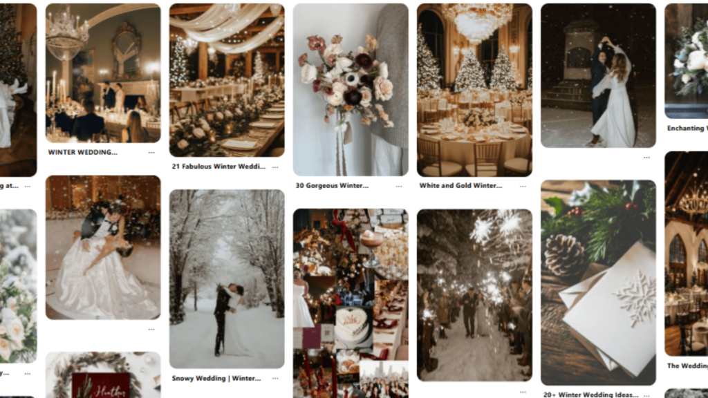 Winter wedding Pinterest board inspiration featuring snowy ceremonies, white and gold reception decor, Christmas-themed centerpieces, and romantic candlelit events.