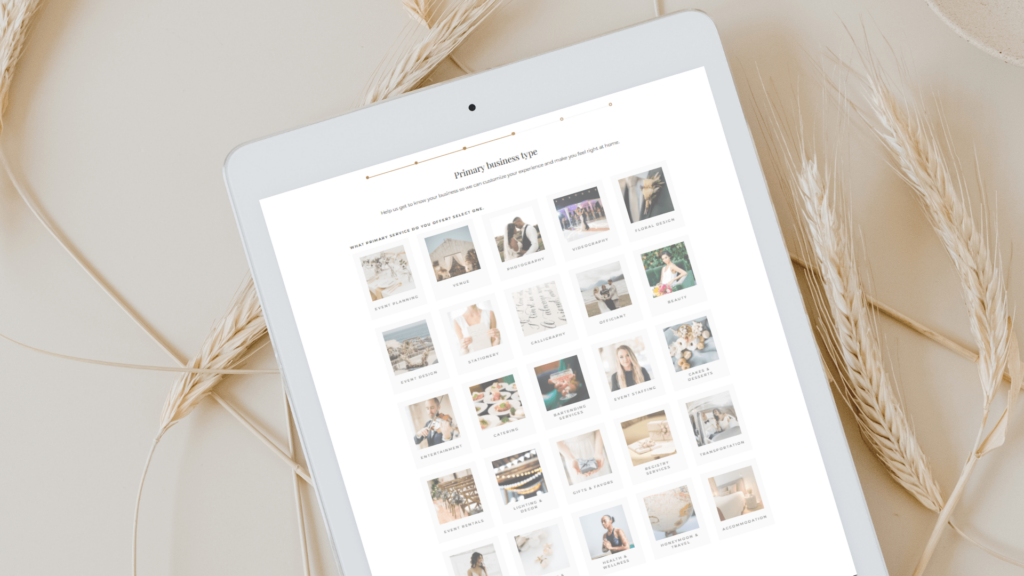 Screenshot of Aisle Planner's 'Primary business type' selection screen, showing various wedding professional categories like Event Planning, Photography, Floral Design, and Venue, indicating customization for different businesses within Boda Bliss services.