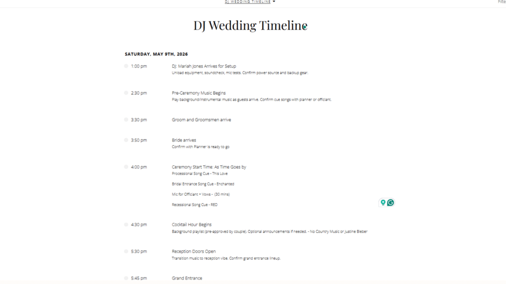 Screenshot of a 'DJ Wedding Timeline' within Aisle Planner, showing a detailed schedule with music cues, arrival times, and event transitions, illustrating how DJs and musicians can manage event logistics effectively.