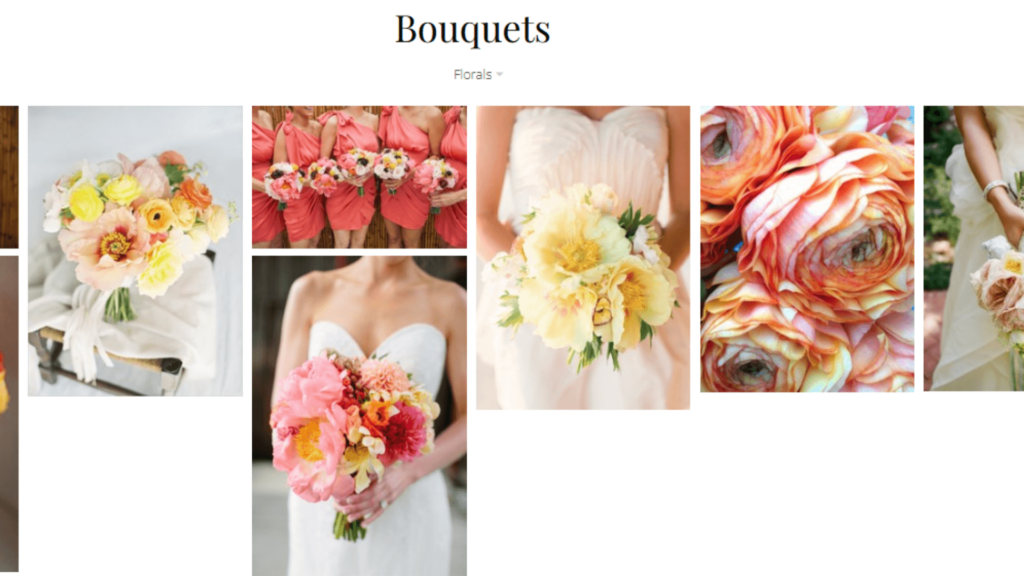 Collage of vibrant wedding bouquets and floral arrangements in various styles and colors, representing the visual inspiration and mood boarding capabilities within Aisle Planner's Design Studio for florists and wedding designers.