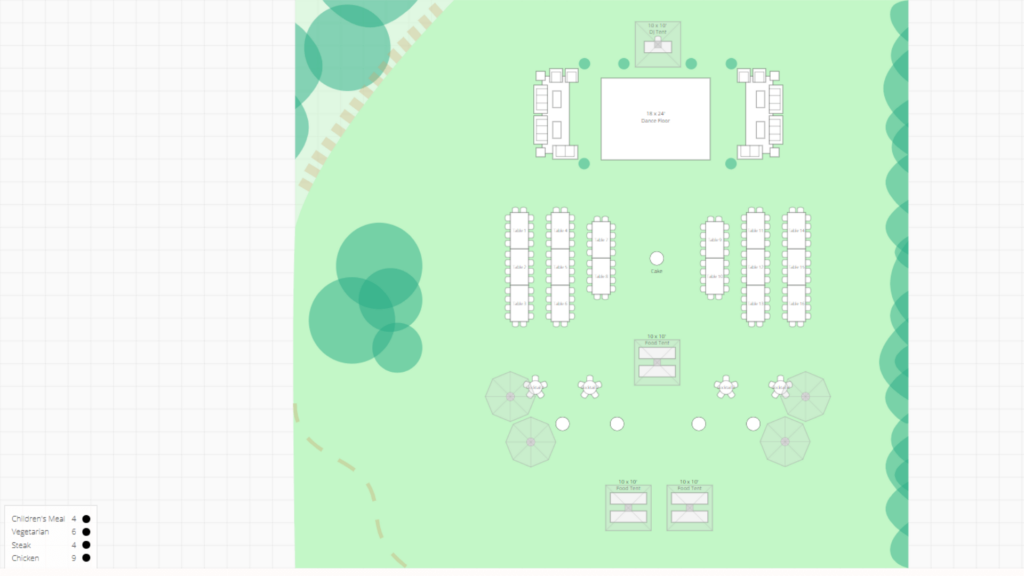Overhead view of a detailed wedding seating chart and event layout, showing tables, a dance floor, and tents in an outdoor setting, highlighting the platform's tools for venue and event logistics.