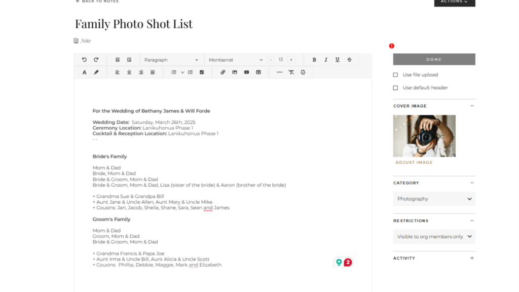Screenshot of a 'Family Photo Shot List' document within AP, detailing family groupings and specific requests for wedding photography, demonstrating the platform's organizational tools for photographers and Boda Bliss.