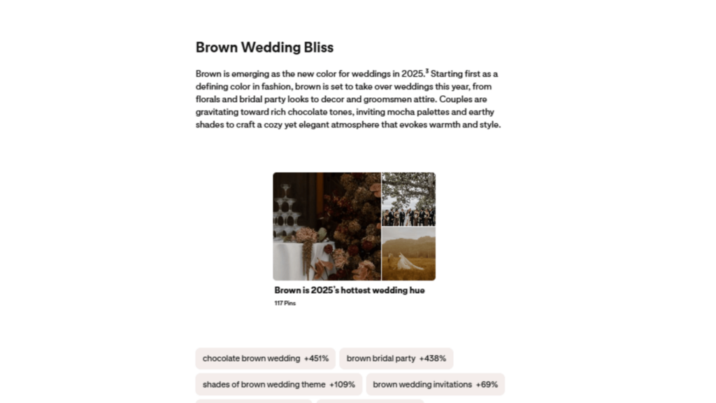 Pinterest board collage showcasing chocolate brown wedding inspiration for 2025, reflecting insights from Pinterest analytics about trending palettes and bridal party looks.