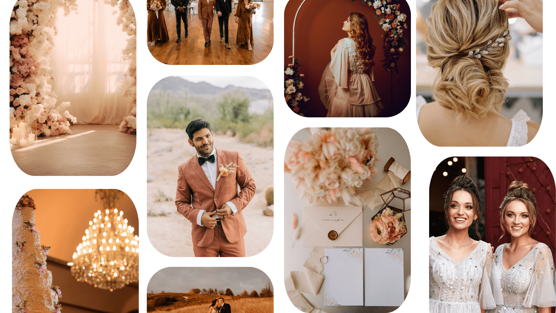 Brown wedding inspiration board for 2025 featuring trending color palettes, used to illustrate Pinterest analytics insights for wedding professionals.