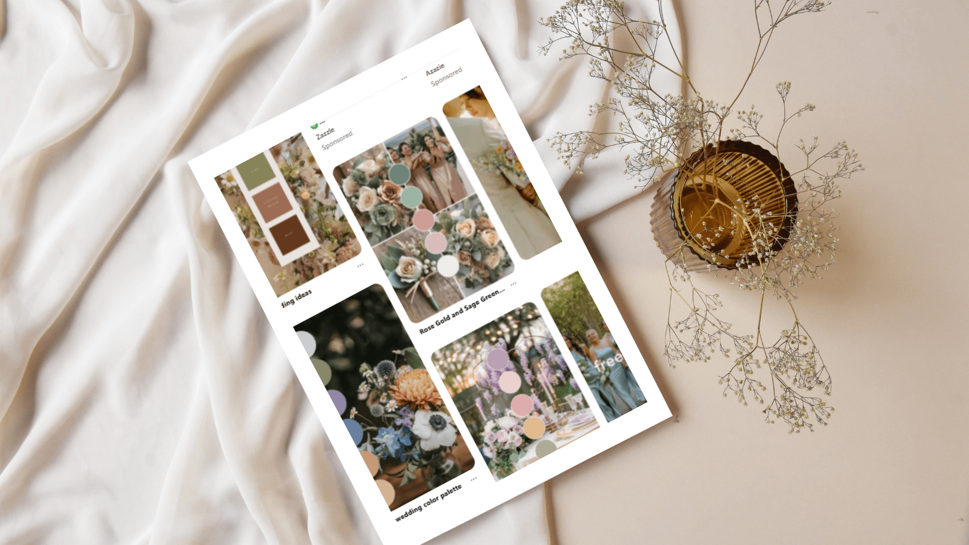 Pinterest mood board mockup with wedding color palettes, styled on neutral fabric for wedding business inspiration