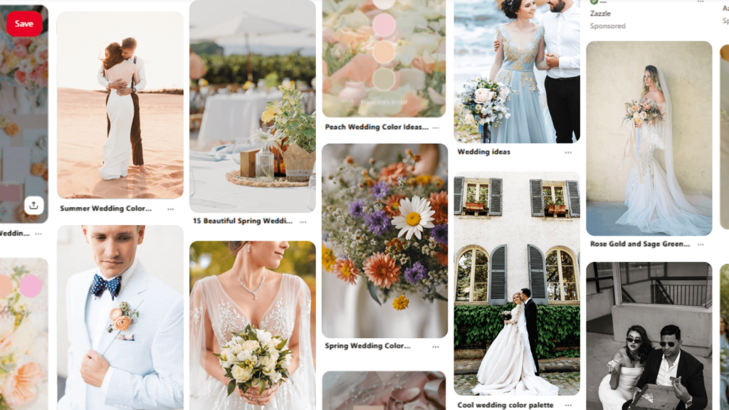 Pinterest search results showing wedding color palettes and inspiration